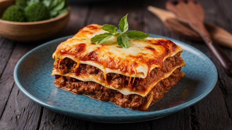 Piece of lasagna on a blue plate and wooden table, with wooden utensils and bowl of vegetables in the background.