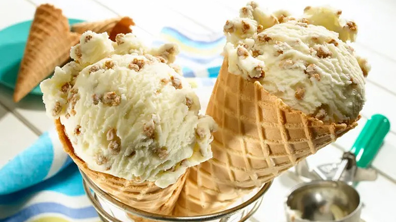 Grape-Nuts ice cream in waffle cones