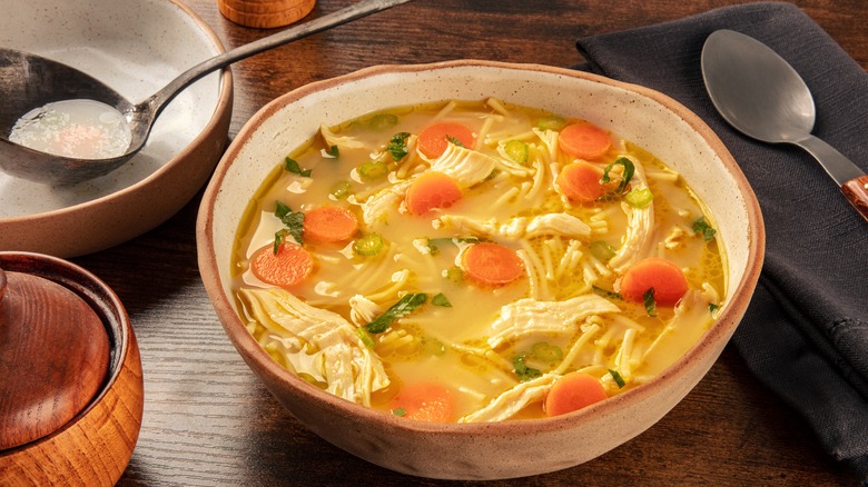 Ceramic bowl full of chicken noodle soup