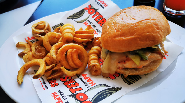 A Hooters burger and curly fries