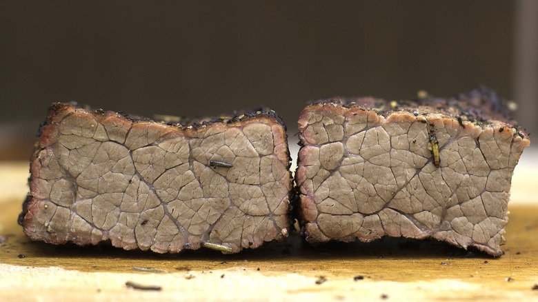 Sliced well done overcooked beef steak