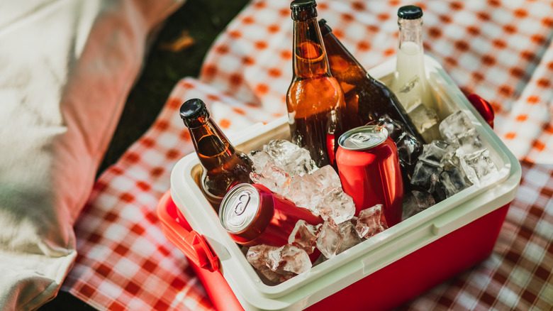 An ice cooler has sodas and beers inside, sitting on a picnic blanket