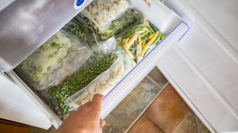 Freezer with frozen veggies