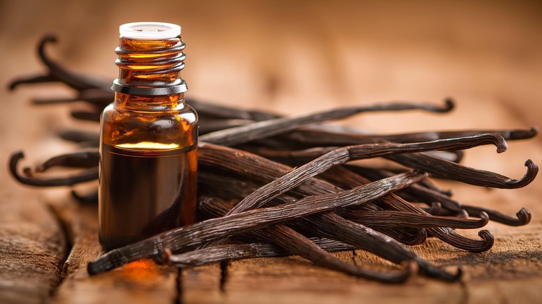 Bottle of vanilla extract and vanilla bean pods