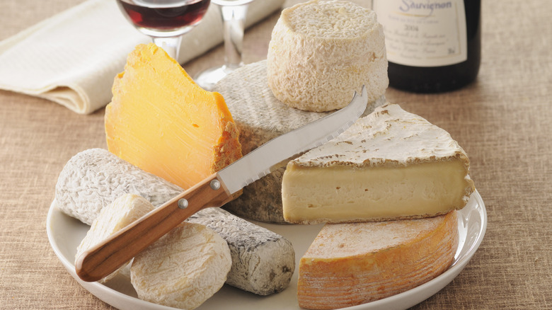 various cheeses with a knife