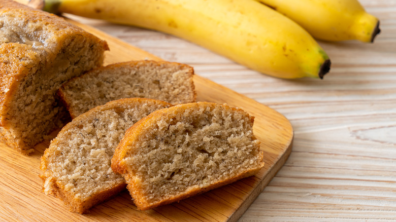 Slices of tender banana bread with bananas