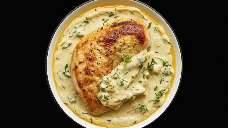 Chicken with cheese sauce and herbs