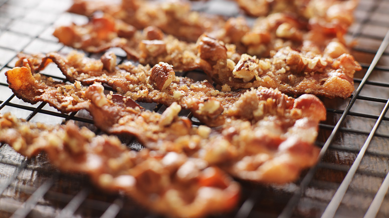 Candied bacon on baking rack