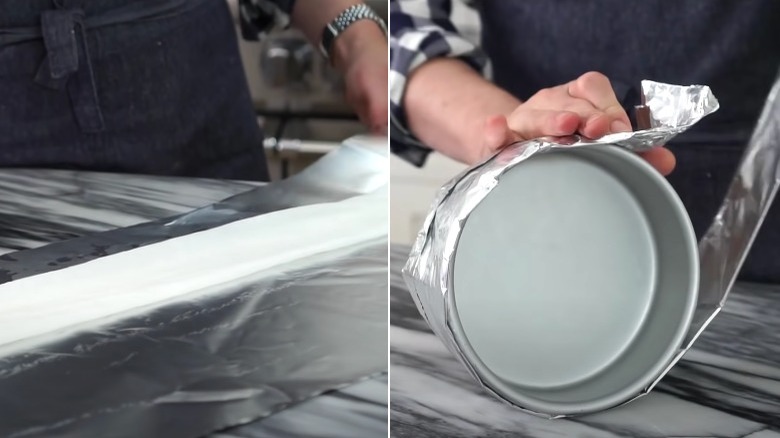 person making cake strip with paper towel and tin foil