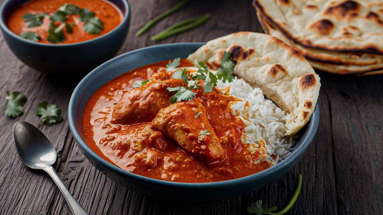 Chicken tikka masala with rice and naan