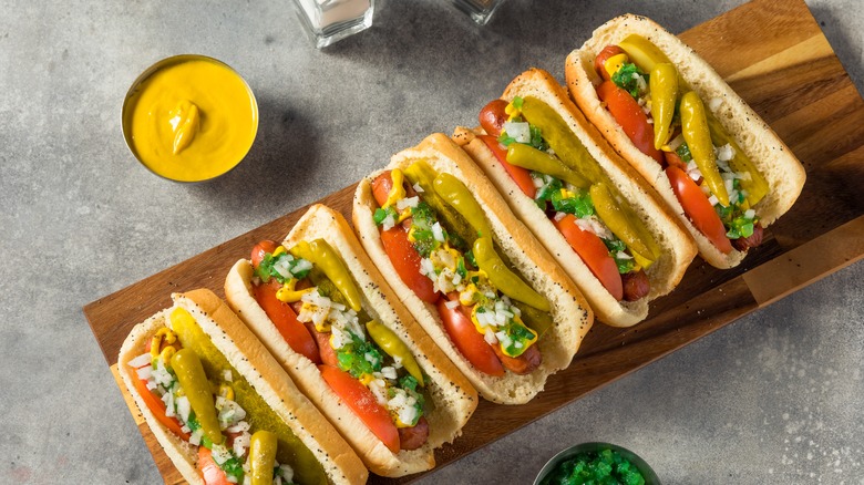 several chicago style hot dogs