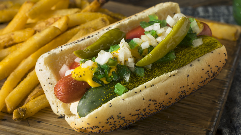 Chicago style hot dog and french fries