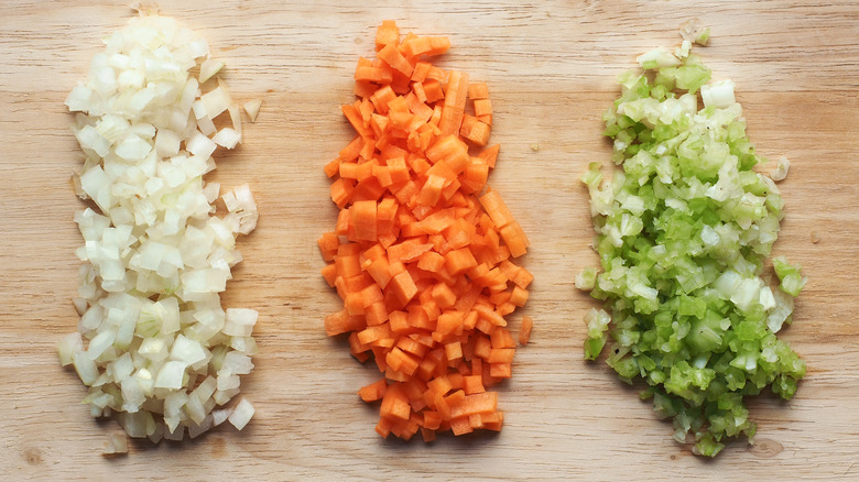 onion carrot and celery diced in varying sizes