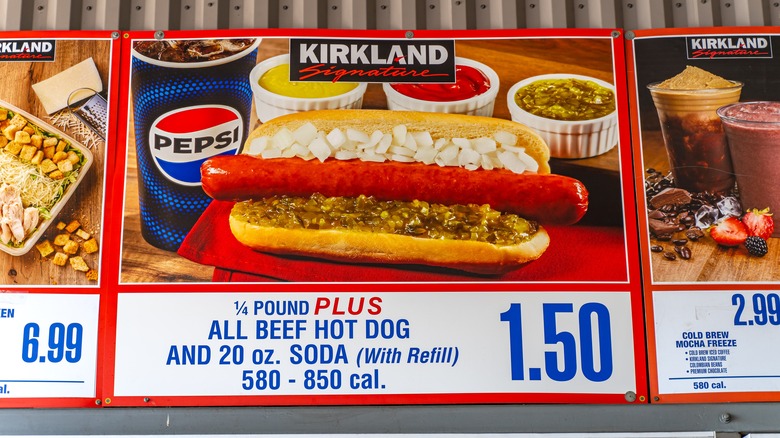 A sign for the iconic Costco hot dog and soda combo