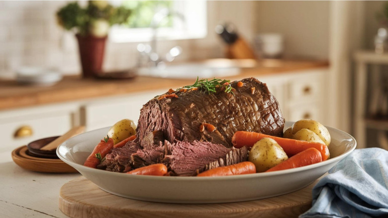 Pot roast on a plate with potatoes and carrots