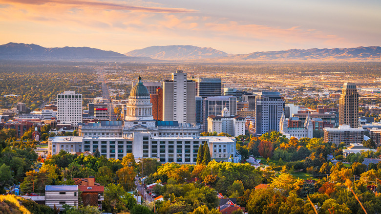 The skyline of Salt Lake City, Utah, at sunset