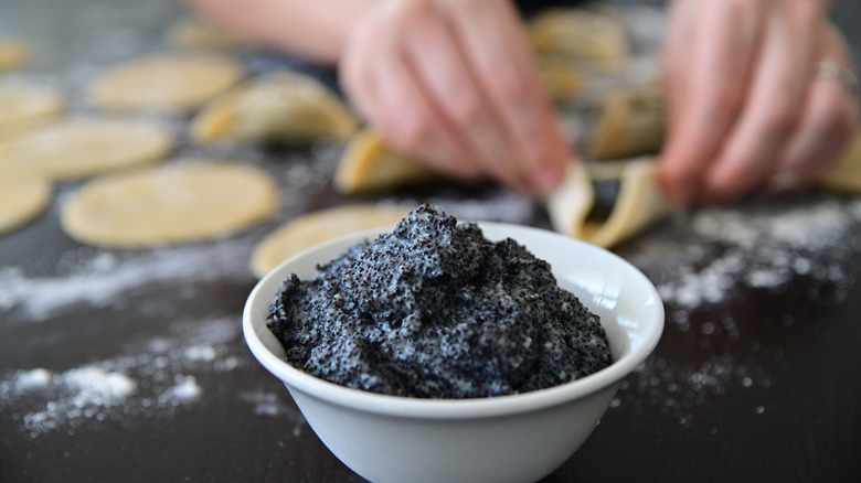 Bowl of poppy seed filling for hamantaschen