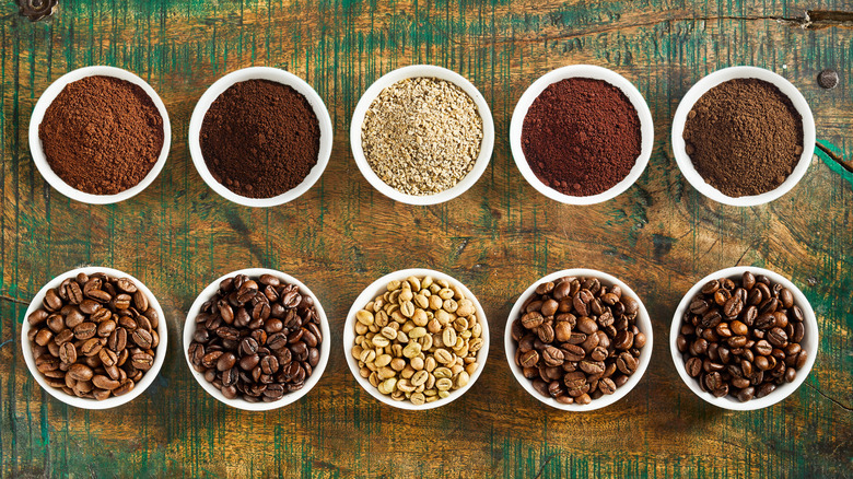 Assorted coffee beans and ground coffee