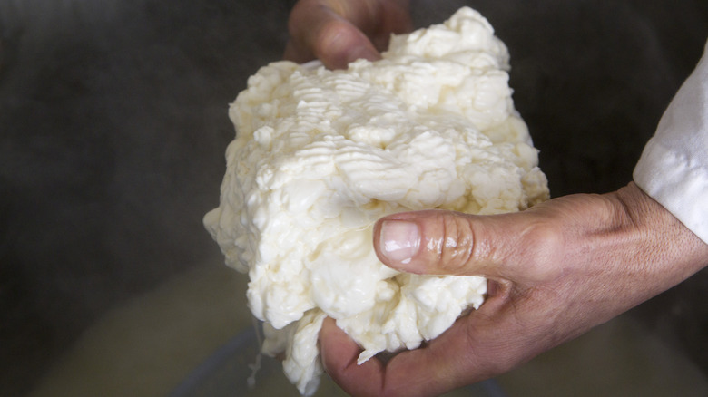 Hands holding fresh ricotta cheese