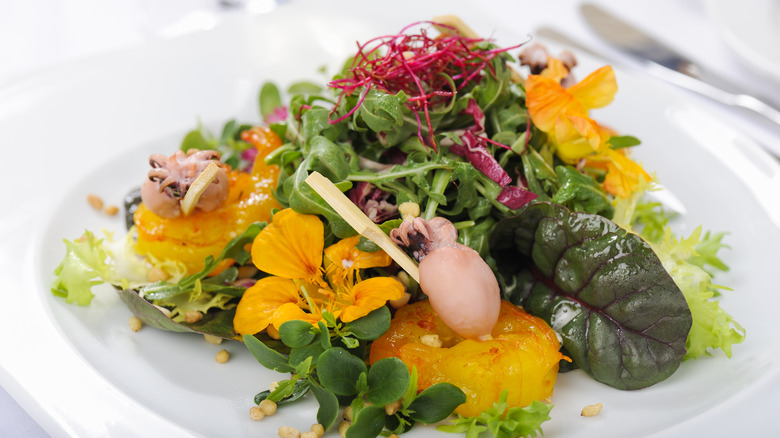Salad greens with edible flowers