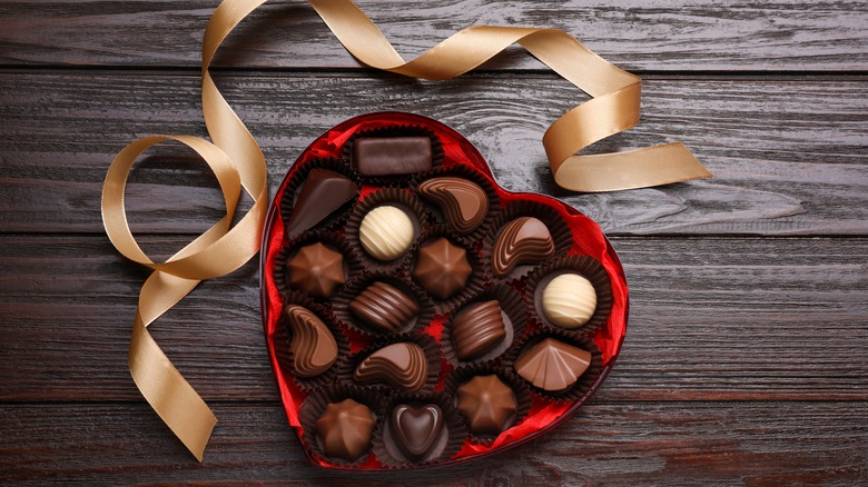chocolate sampler in heart-shaped box