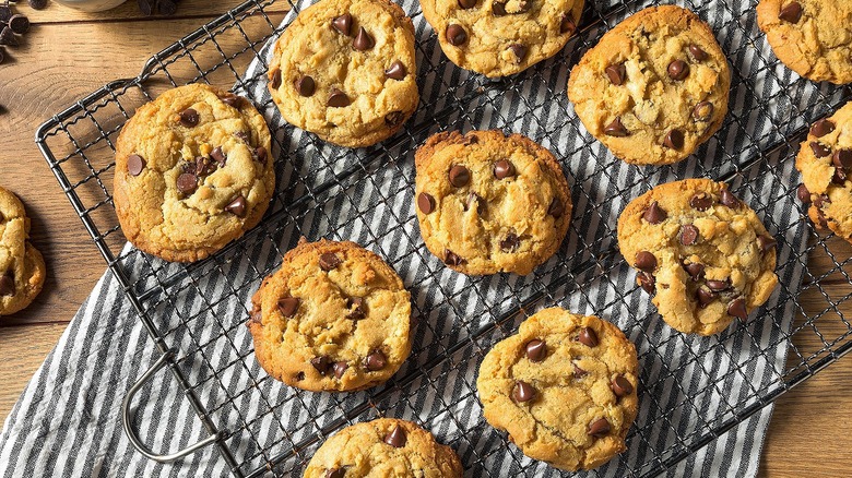 Chocolate chip cookies on wire rack