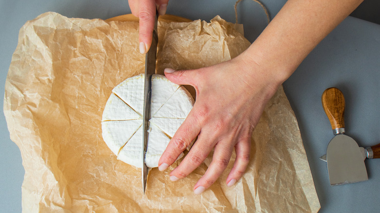 slicing a round brie soft cheese with knife