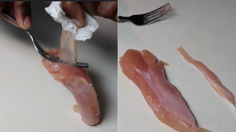 raw chicken tender hack with fork