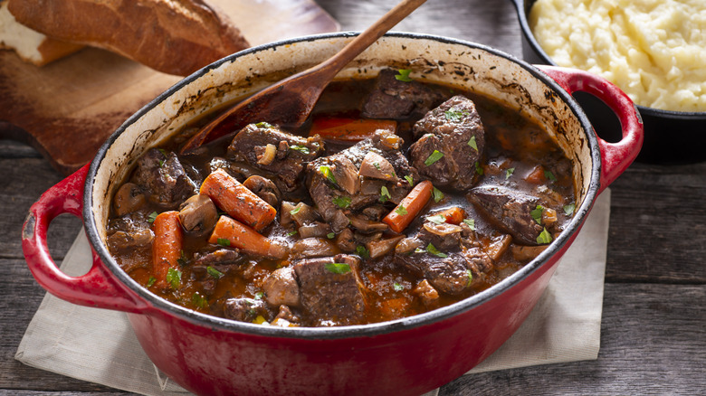 A boeuf bourguignon, in an enameled dutch oven.