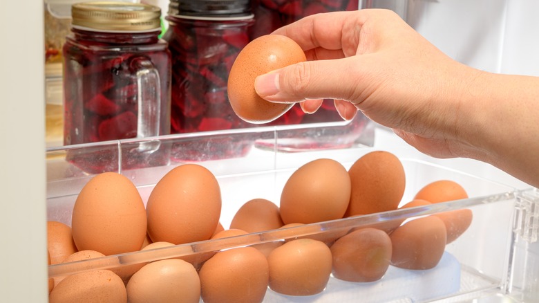 Hand picking up egg in fridge