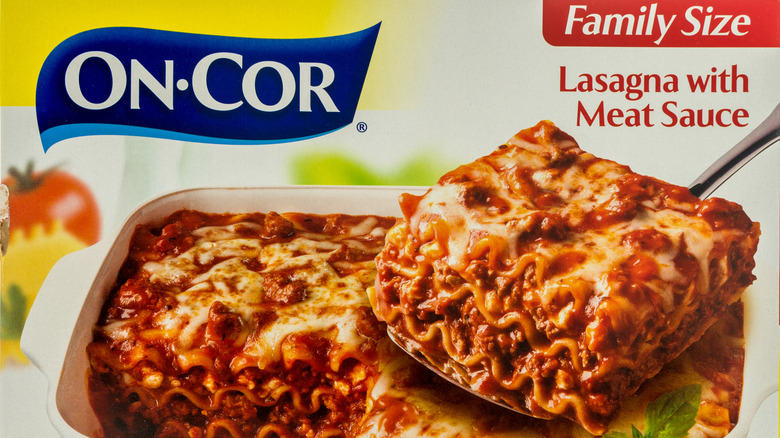 A box of On-Cor family sized lasagna with meat sauce