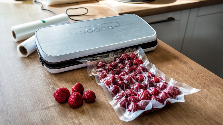 A vacuum sealer removing air from a bag of strawberries