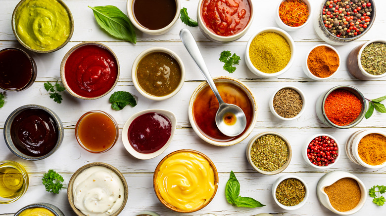 Range of condiments in small bowls