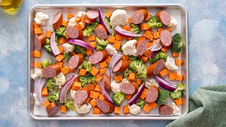 Sheet pan dinner of meat and vegetables