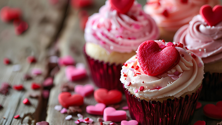 Valentine's Day themed cupcakes with white frosting, red and pink sprinkles, and a pink heart macaroon