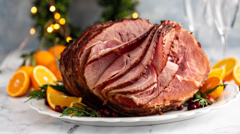 sliced baked ham on a platter