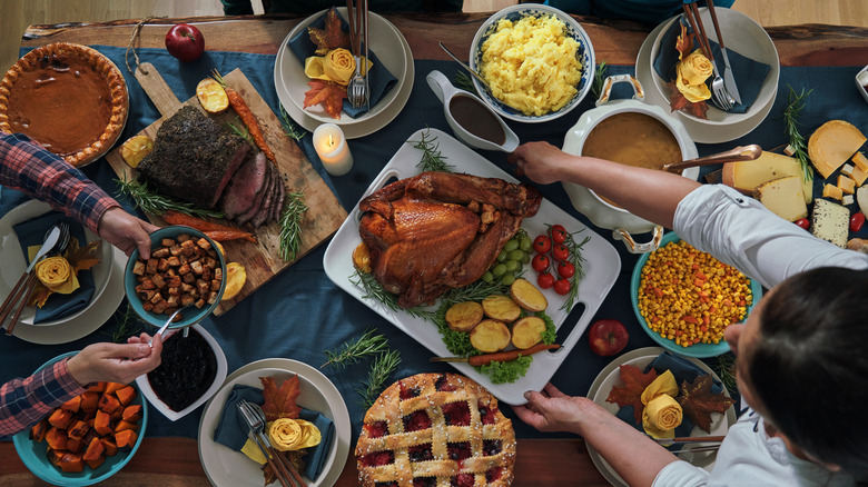 Overhead shot of Thanksgiving dishes on table