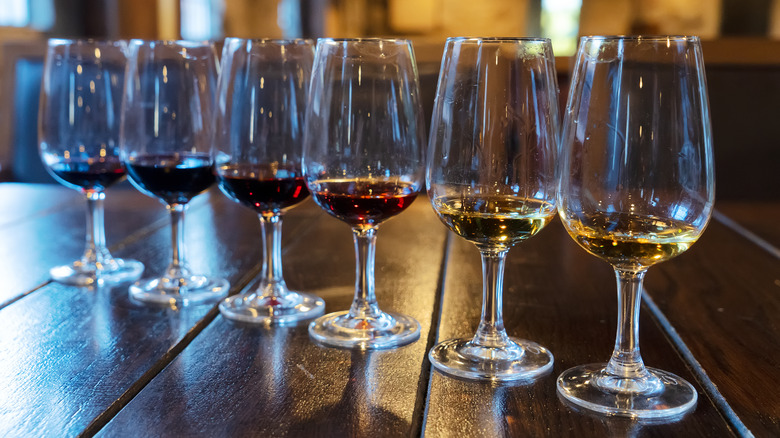 Glasses of port lined up for a tasting