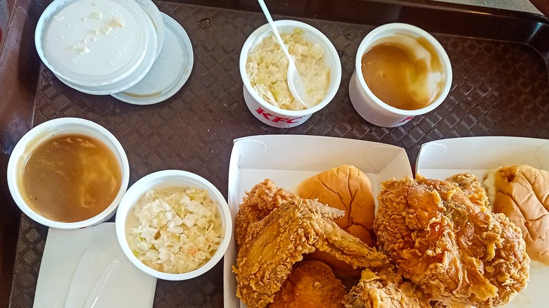 KFC coleslaw and chicken on trays