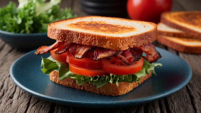 A completed BLT sandwich (made of its traditional bacon, lettuce, and tomato ingredients) placed on top of a serving dish.