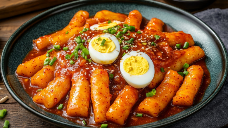 Tteokbokki topped with a boiled egg, sesame seeds and green onion