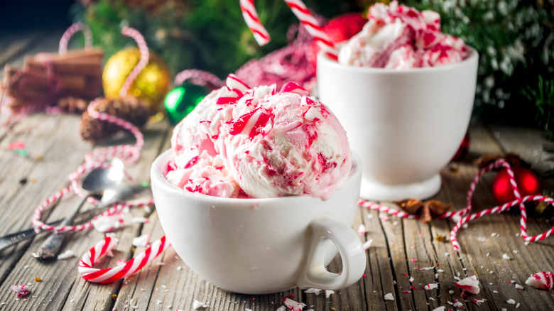 Bowl of ice cream with candy cane topping