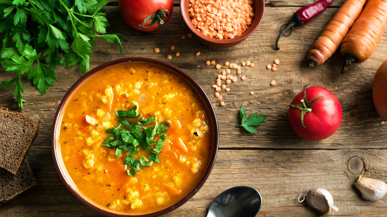 Red lentil soup with ingredients 