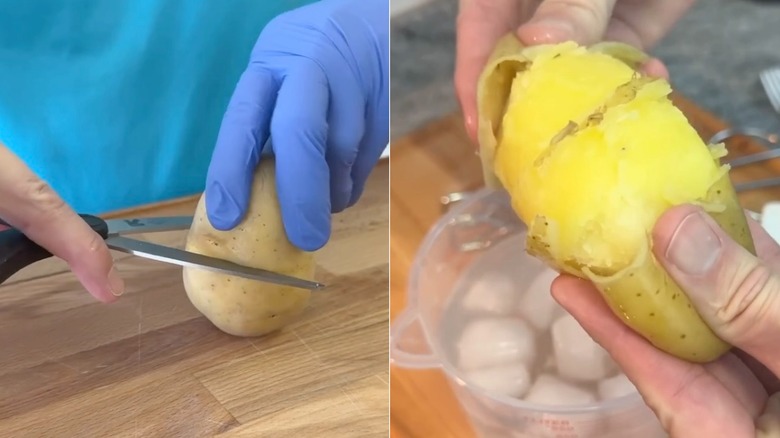 cook slicing and peeling potato