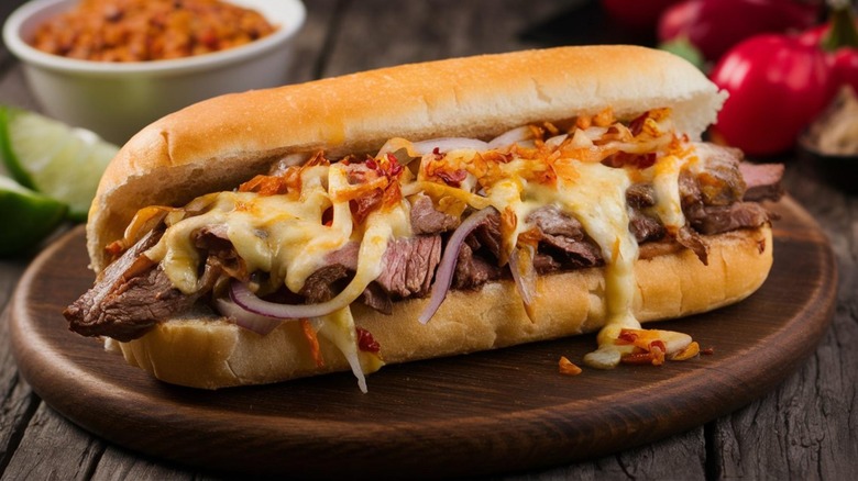 Philly cheesesteak sandwich with onions