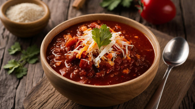 A wooden bowl of chili sitting on a cutting board and surrounded by ingredients