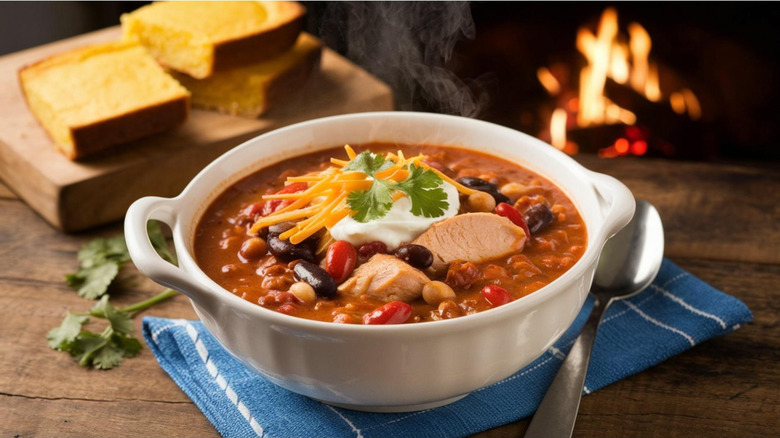 A bowl of chili topped with cheese, sour cream, and herbs sits on a table with cornbread in the background