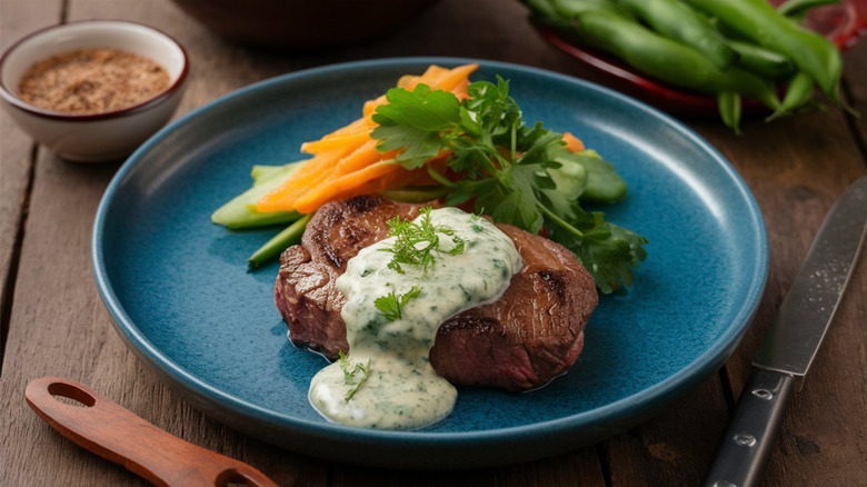 Steak topped with blue cheese sauce with vegetables on a blue plate