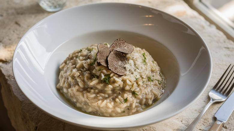 truffle risotto in a white dish