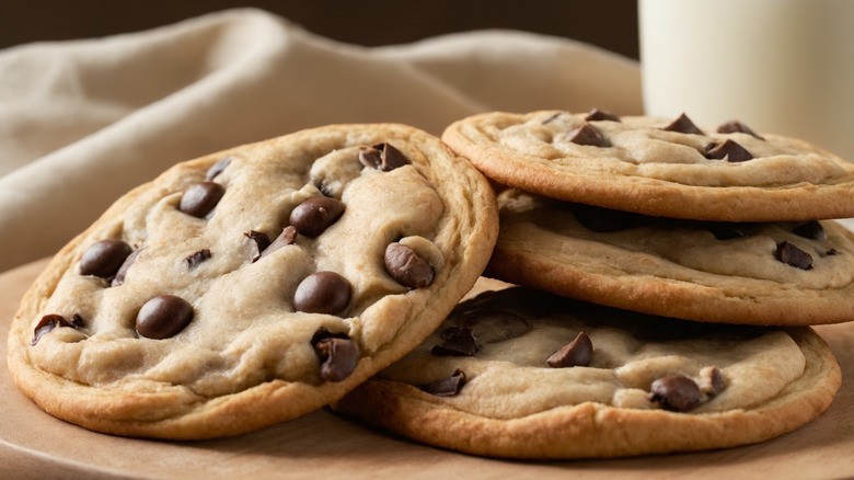 Four chocolate chip cookies are stacked on top of one another, placed on a wooden serving platter.